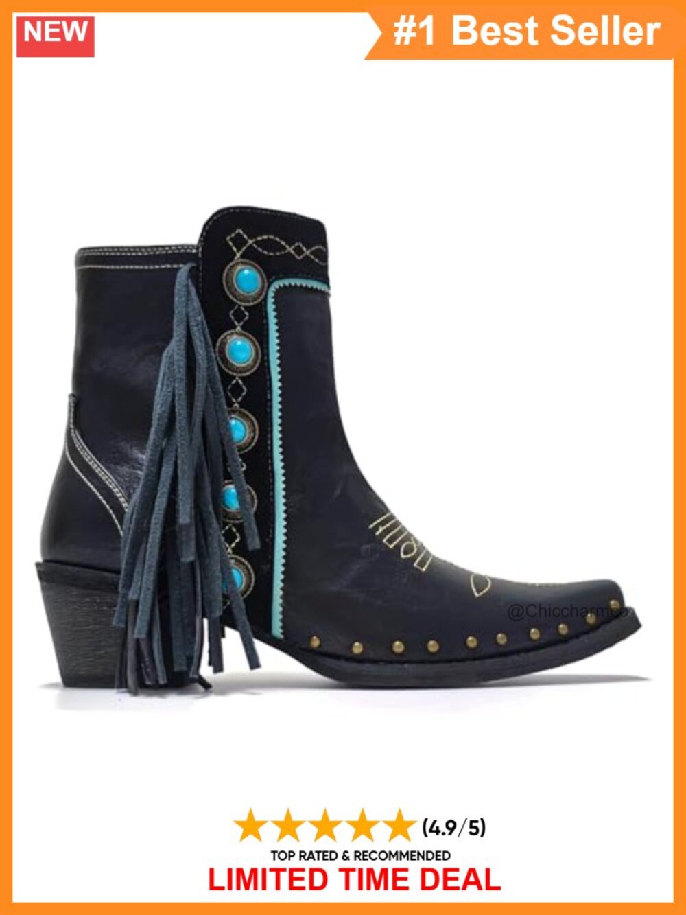 Fringe Studded Ankle Booties Turquoise Western Cowboy Boots